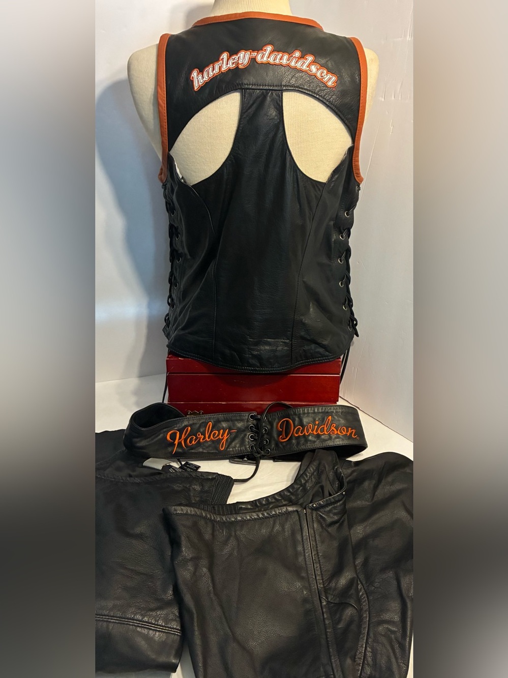 Harley-Davidson Black Leather Large Vest And Matching Medium Chaps